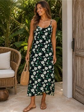 Blue Sky Black Floral Maxi Dress with Green Leaf Print